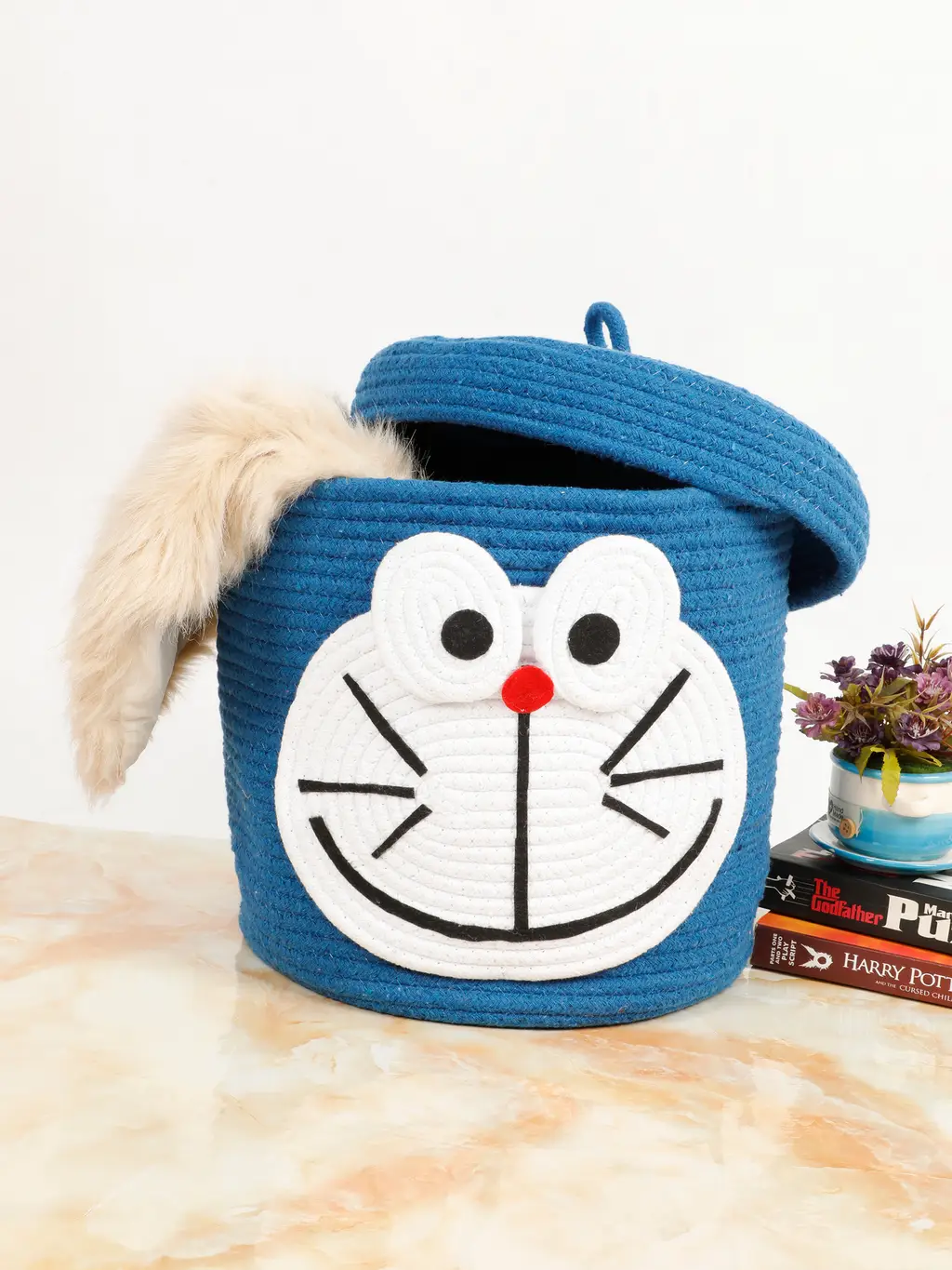 kids cartoon face basket, with lid, blue, white, 11x11 1