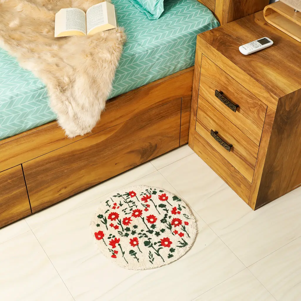 printed tufted bedside round mat, cotton, flower print, 16x16, red, green, white, pack of 2 1