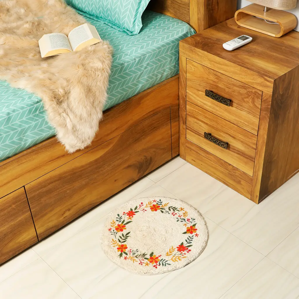 printed tufted bedside round mat, cotton, flowers leaf print, 16x16, green, yellow, orange, pack of 2 1