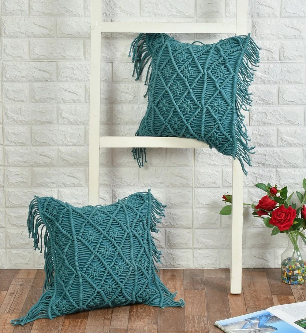 Macrame Cushion Cover, diamonds, 3 sections, fringes, 16x16, Blue