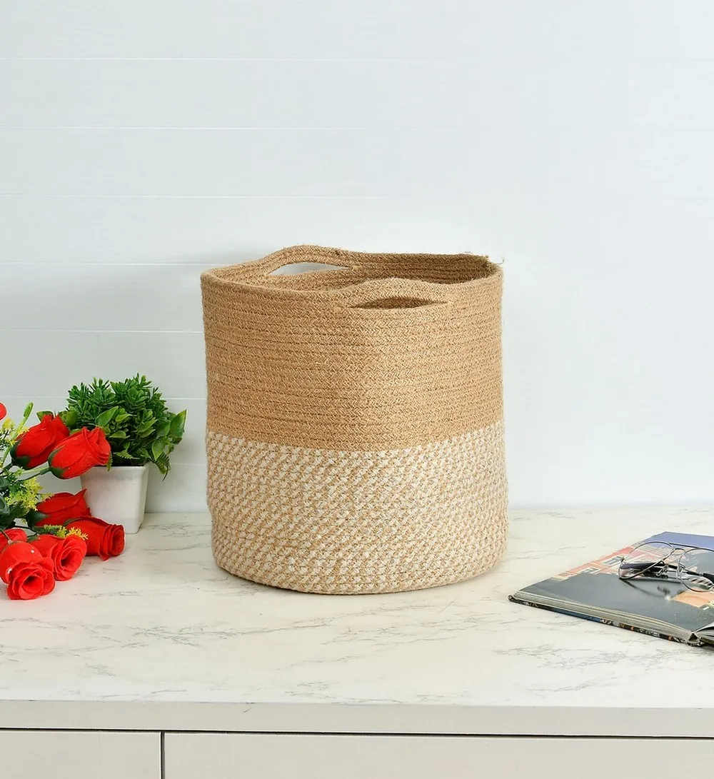 Jute Basket | White Zigzag | 12 inch | Pack of 1